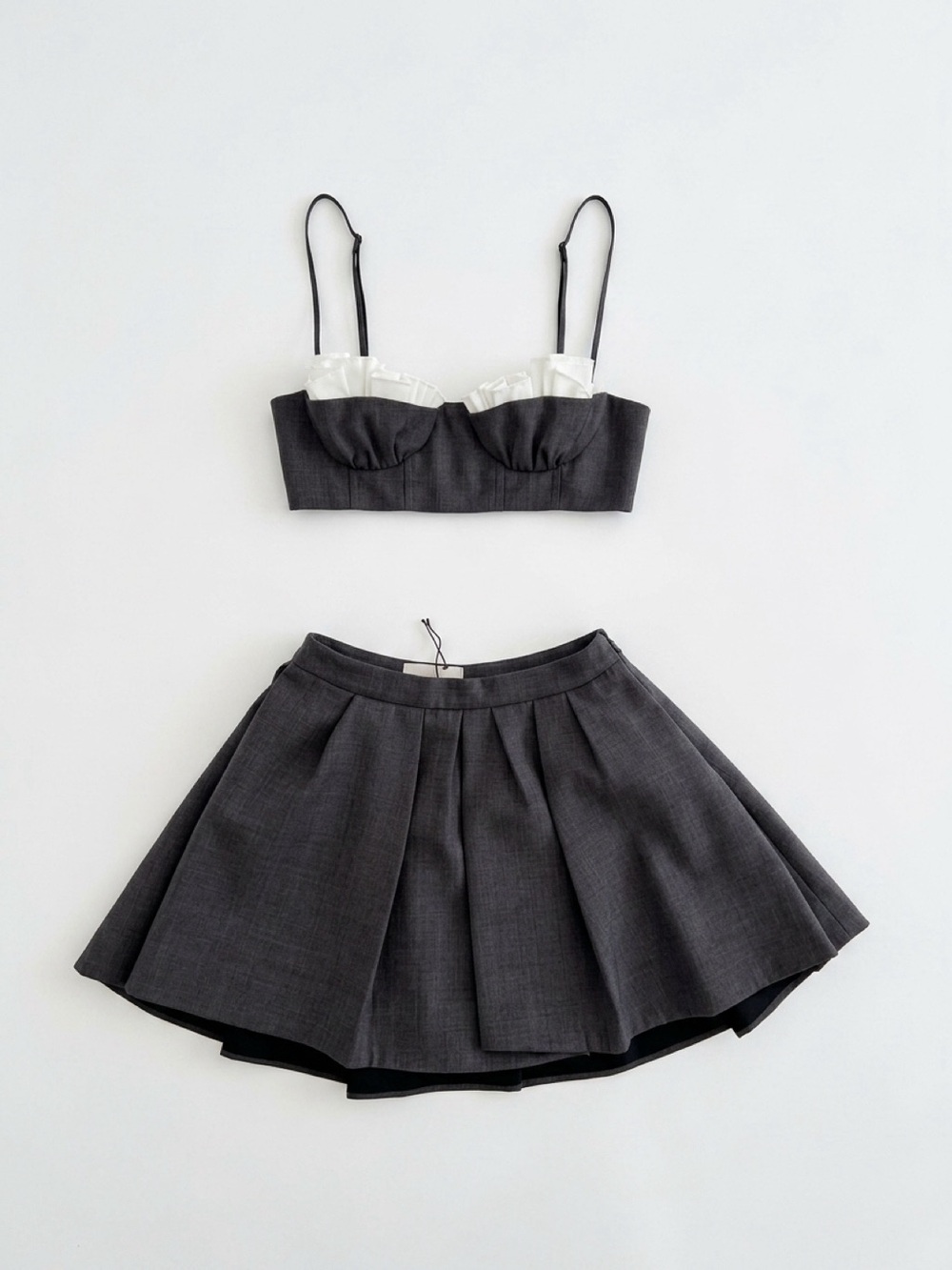 Shushu/Tong Grey Irregular Pleated Skirt & Spaghetti Strap Bralette Top - Picture 4 of 16